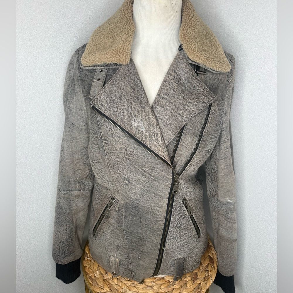 ASOS Gray Bomber Suede Leather Jacket Moto faux Sherpa Shearling Collar